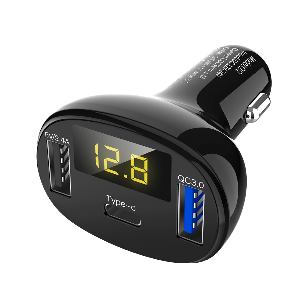 C02 Digital Display Type-C and Dual USB Ports Car Charger C02 Digital Display Type-C and Dual USB Ports Car Charger